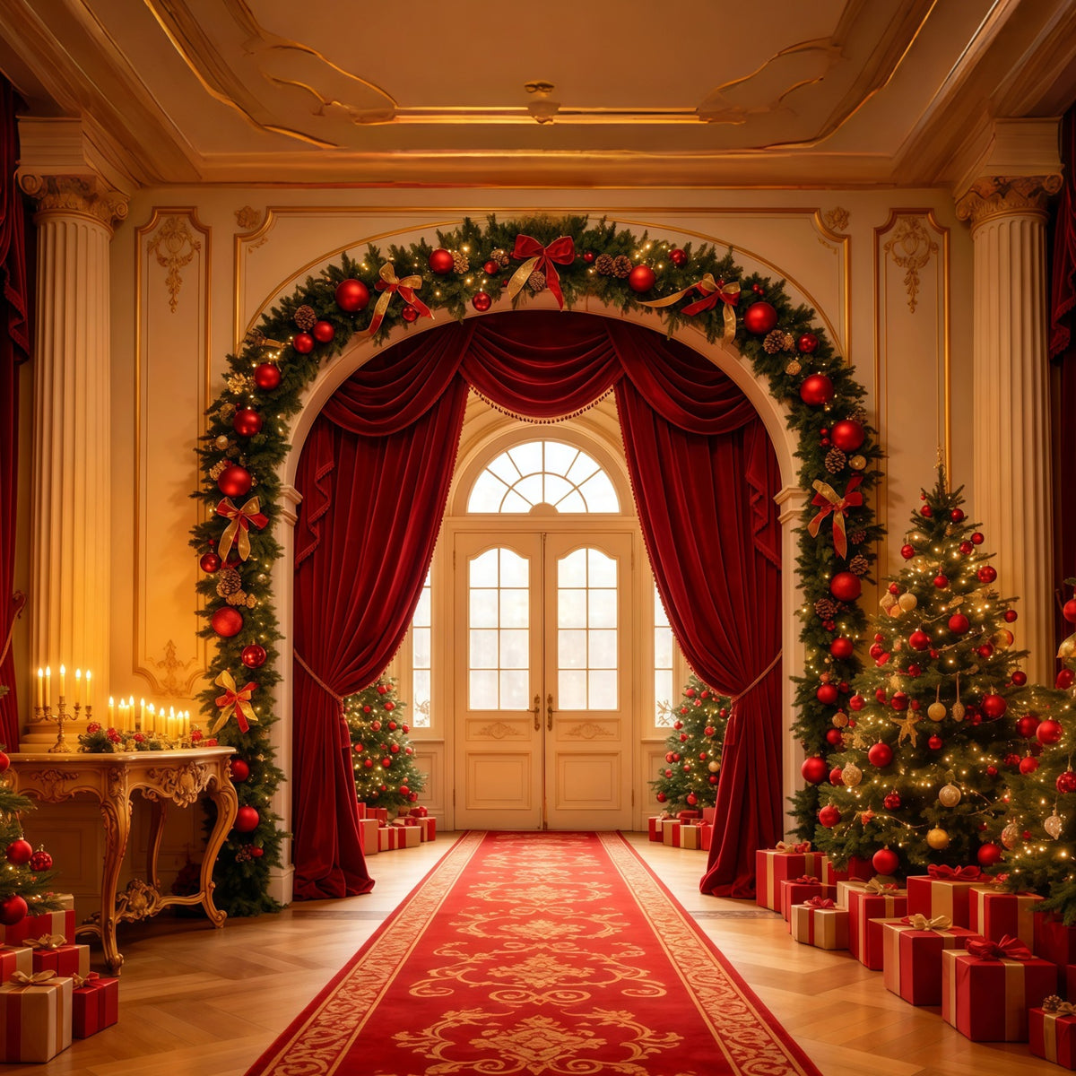 Christmas Living Room Backdrop Grand Red Curtain Archway Christmas Photography Backdrop GQ68-120
