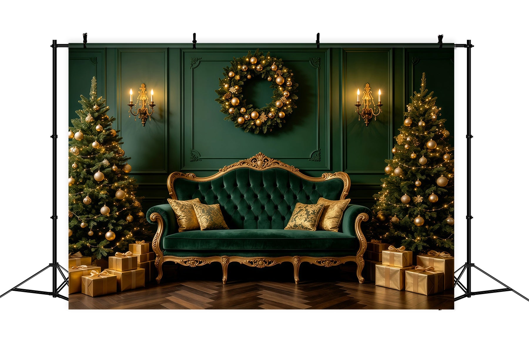 Green Christmas Backdrop Emerald Velvet Sofa Lounge Professional Christmas Backdrops GQ68-121