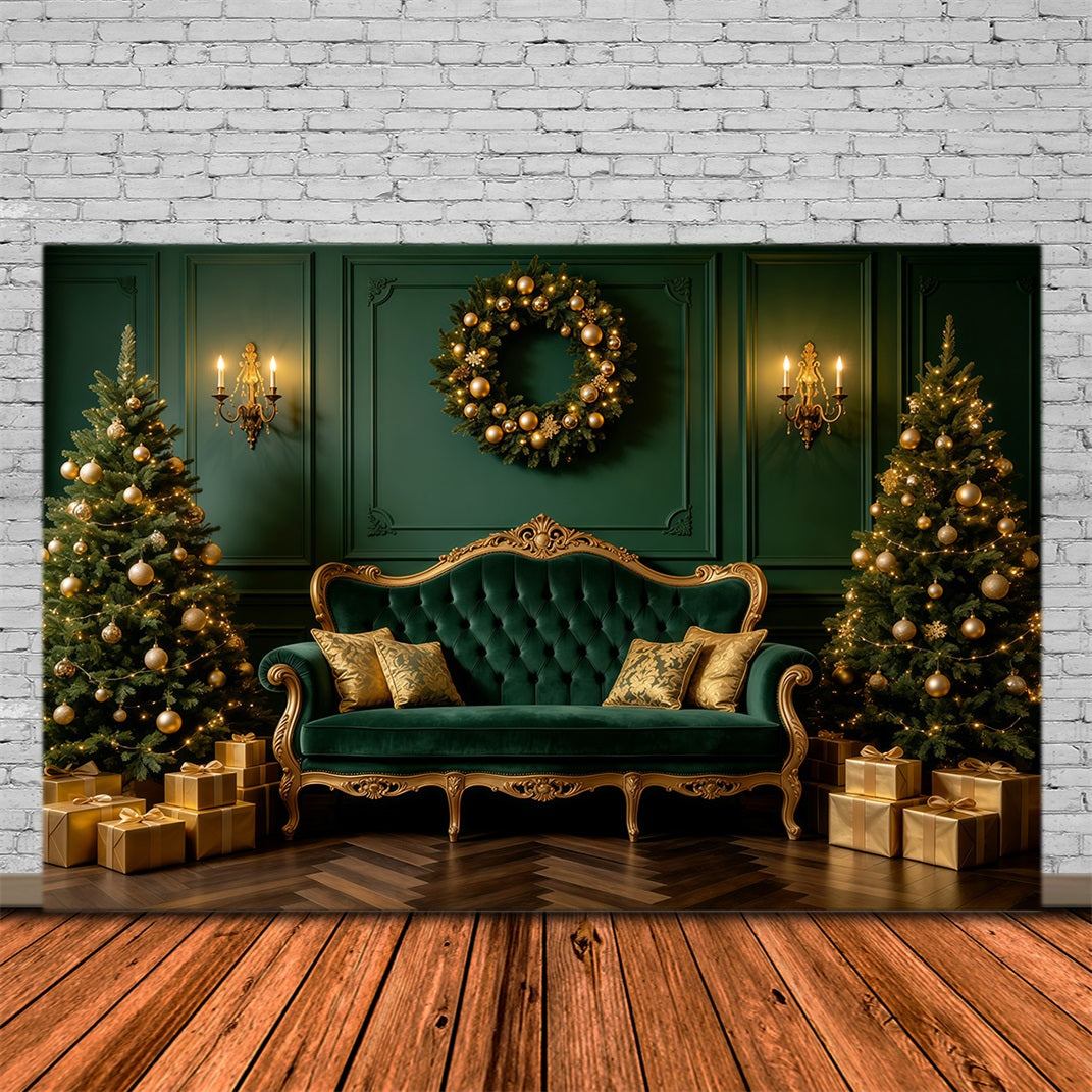 Green Christmas Backdrop Emerald Velvet Sofa Lounge Professional Christmas Backdrops GQ68-121