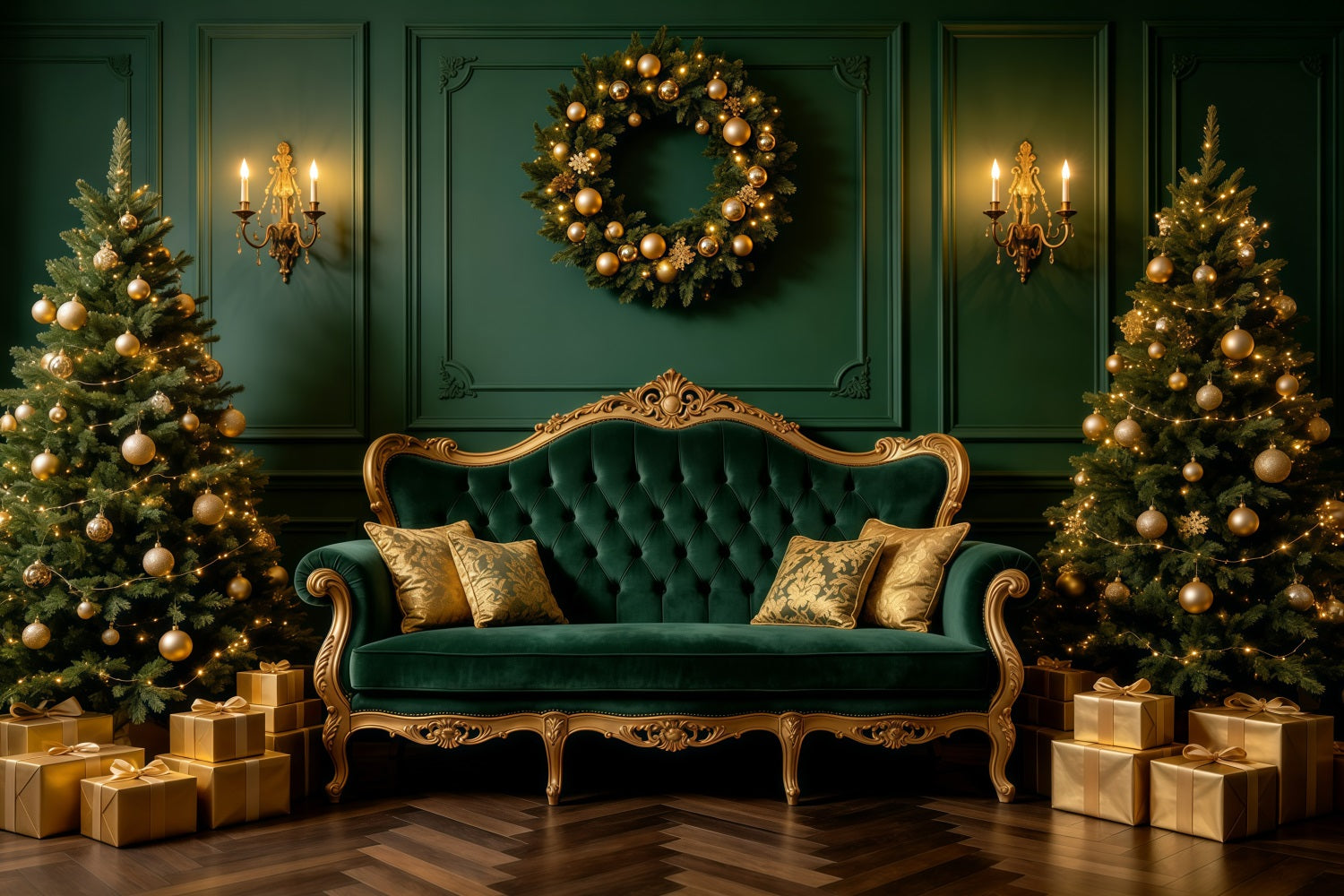 Green Christmas Backdrop Emerald Velvet Sofa Lounge Professional Christmas Backdrops GQ68-121