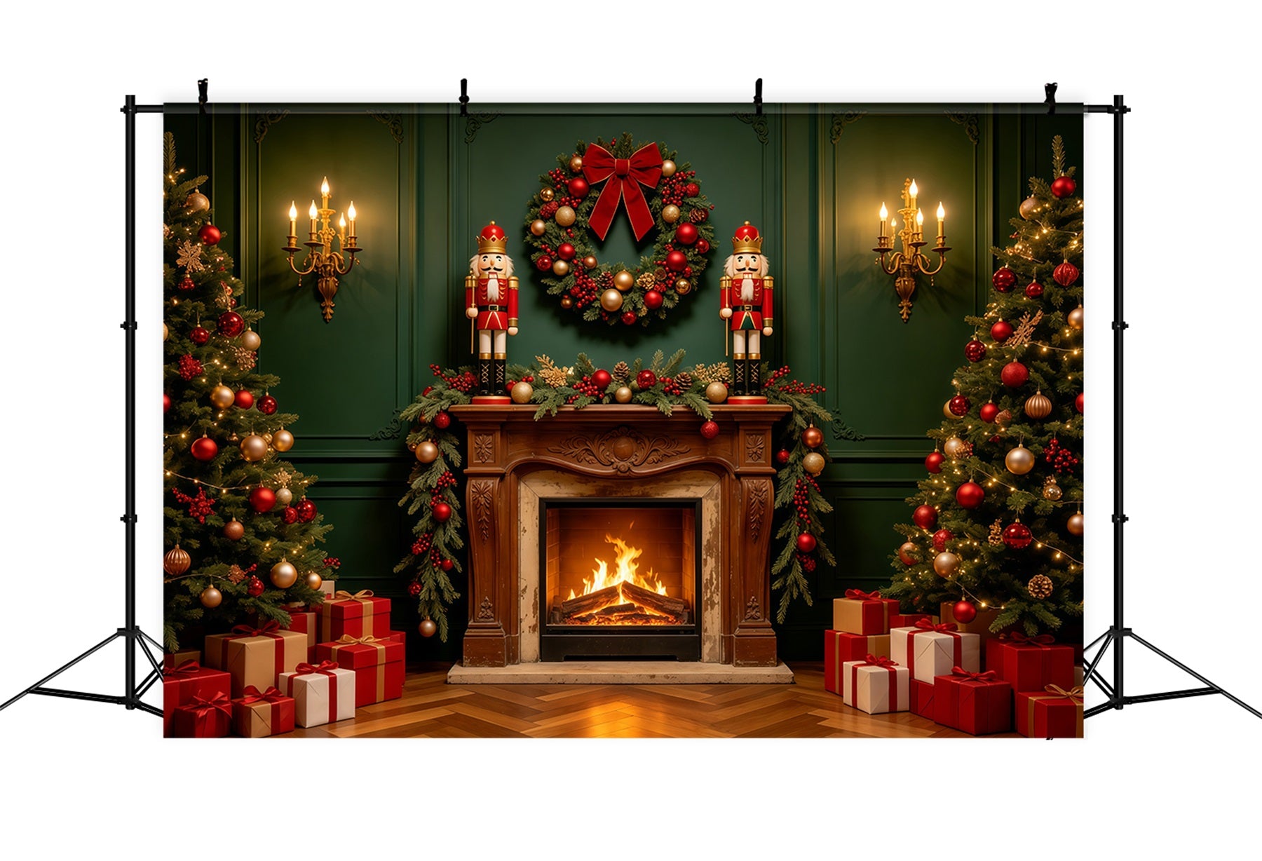Christmas Fireplace Backdrops Green Retro Wall Nutcracker Christmas Photography Backdrops GQ68-122