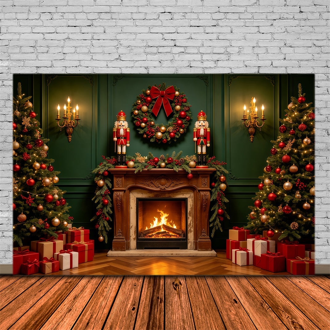 Christmas Fireplace Backdrops Green Retro Wall Nutcracker Christmas Photography Backdrops GQ68-122