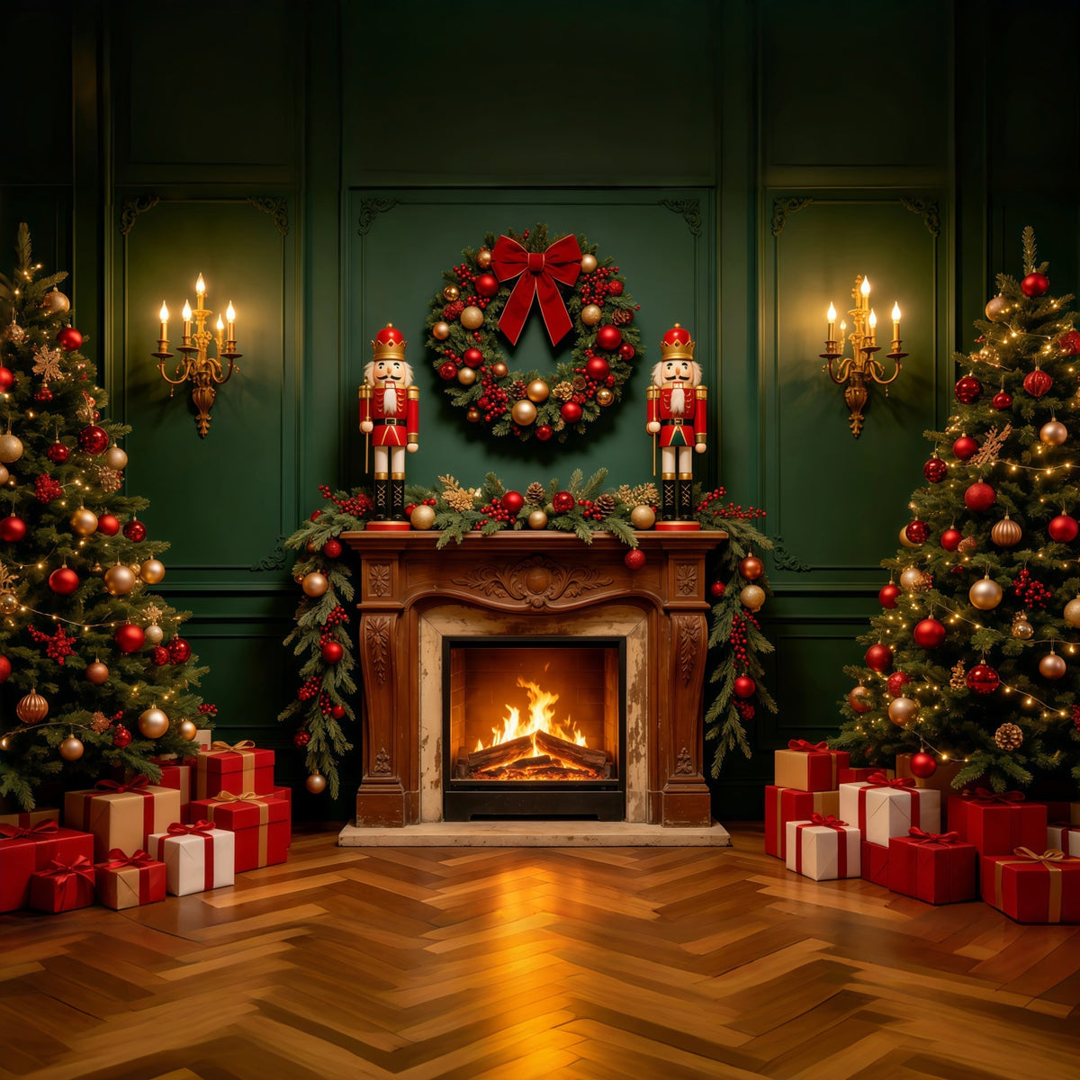 Christmas Fireplace Backdrops Green Retro Wall Nutcracker Christmas Photography Backdrops GQ68-122
