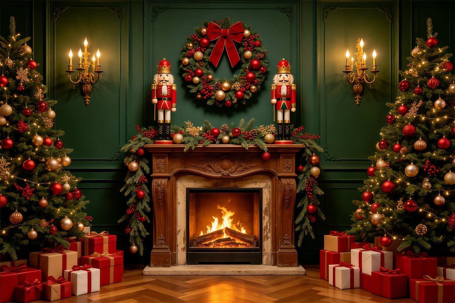 Christmas Fireplace Backdrops Green Retro Wall Nutcracker Christmas Photography Backdrops GQ68-122