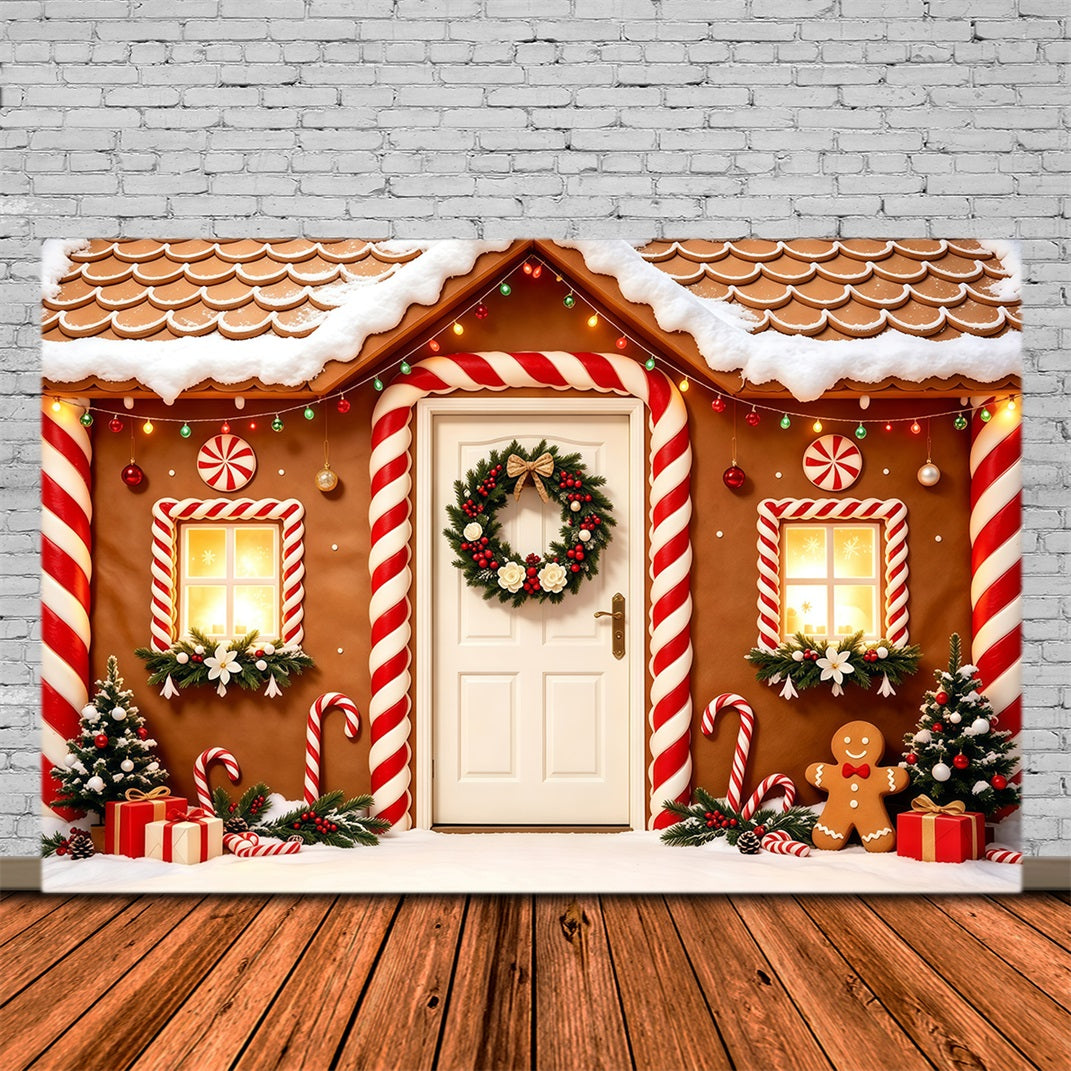Christmas Gingerbread Backdrop Snowy Candy House Doorway Photo Backdrop Christmas GQ68-123