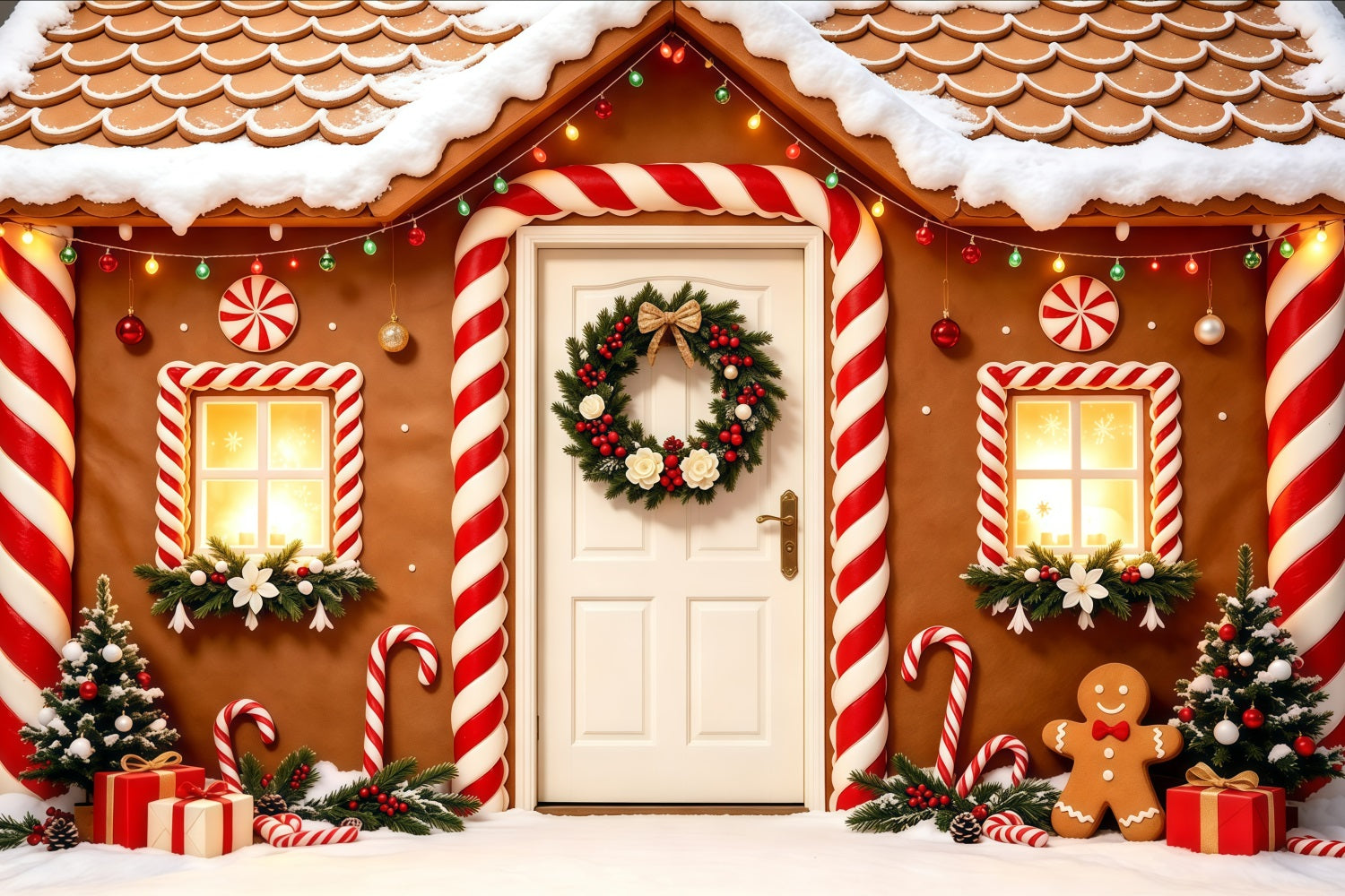 Christmas Gingerbread Backdrop Snowy Candy House Doorway Photo Backdrop Christmas GQ68-123