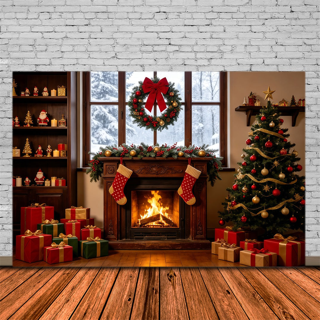 Christmas Window Backdrop Cozy Fireplace Stocking Tree Large Christmas Backdrops GQ68-124