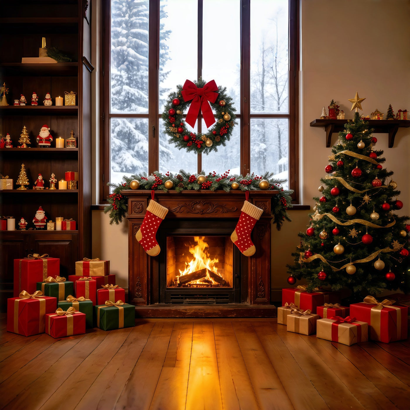 Christmas Window Backdrop Cozy Fireplace Stocking Tree Large Christmas Backdrops GQ68-124