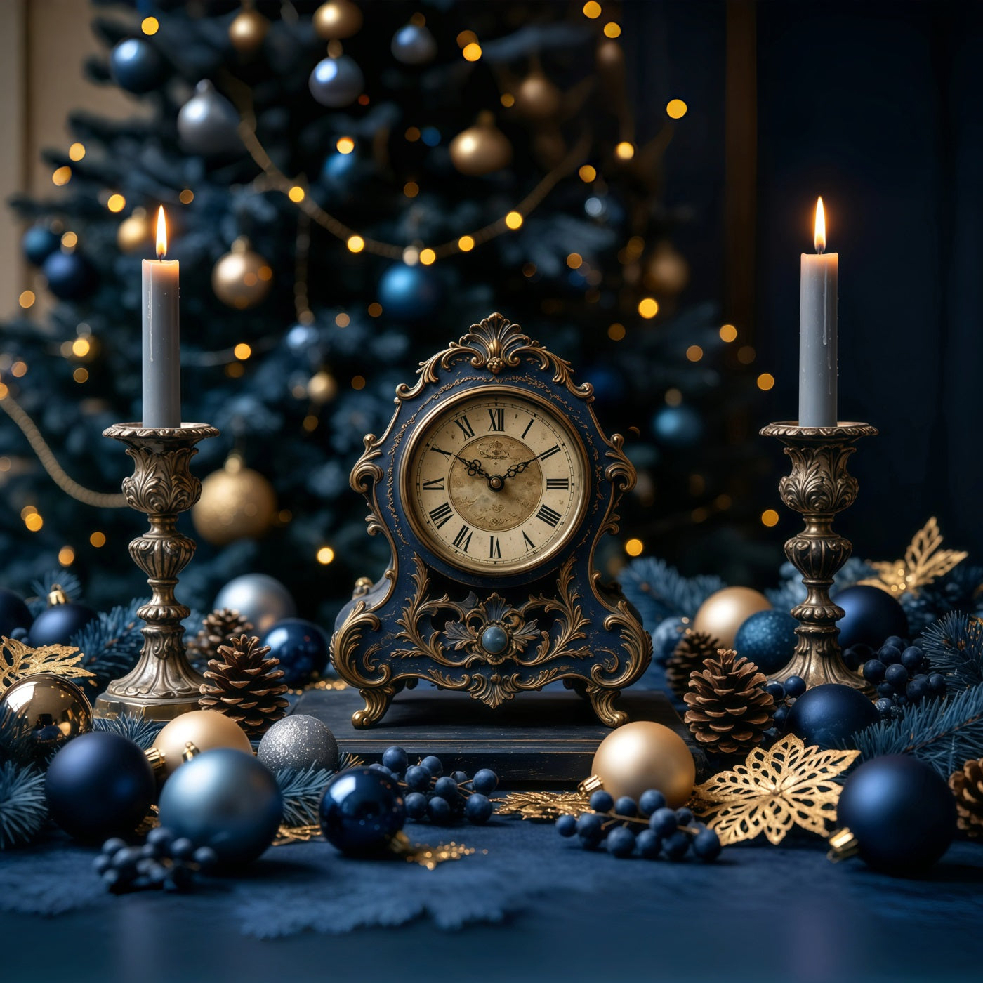 Vintage Christmas Backdrop Blue Clock Candle Display Christmas Backdrop Ideas GQ68-125