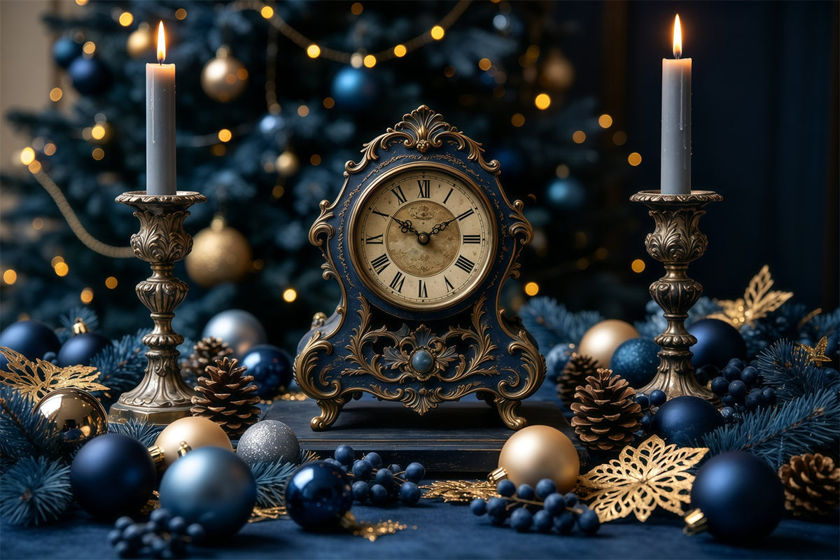 Vintage Christmas Backdrop Blue Clock Candle Display Christmas Backdrop Ideas GQ68-125