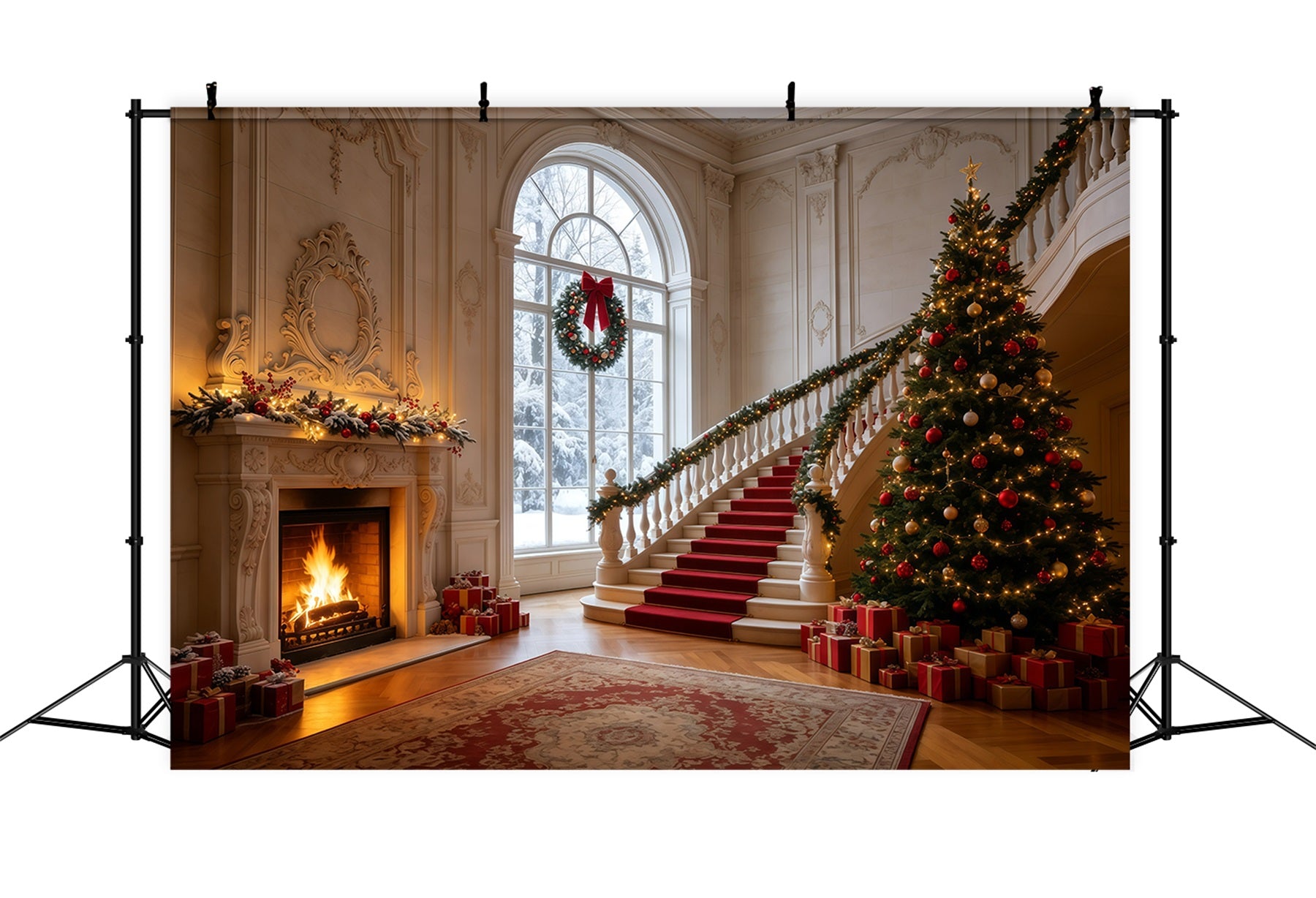 Christmas Backdrop Elegant Staircase Mansion Hall Photography Christmas Backdrops GQ68-126