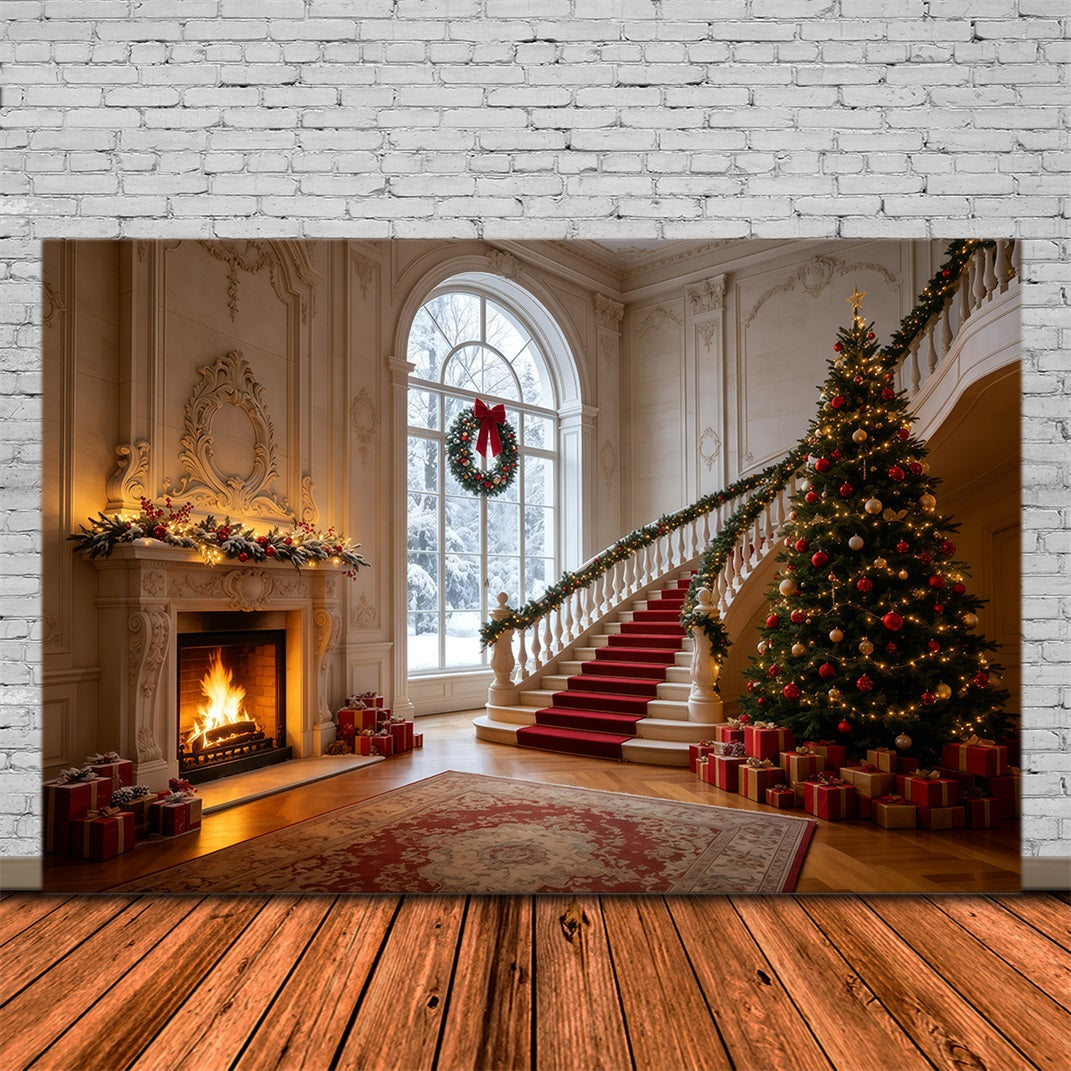 Christmas Backdrop Elegant Staircase Mansion Hall Photography Christmas Backdrops GQ68-126