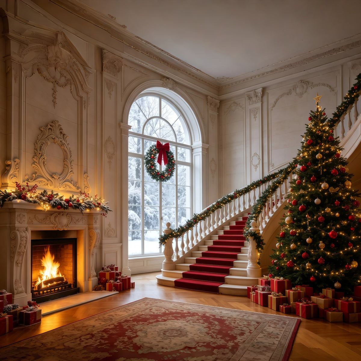 Christmas Backdrop Elegant Staircase Mansion Hall Photography Christmas Backdrops GQ68-126