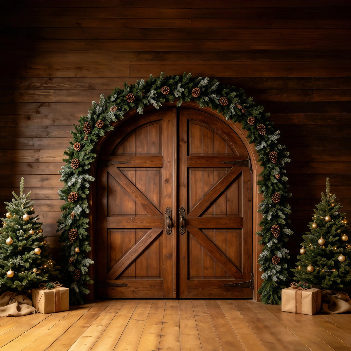 Christmas Barn Door Backdrop Rustic Wood Door Garland Large Christmas Backdrop GQ68-127
