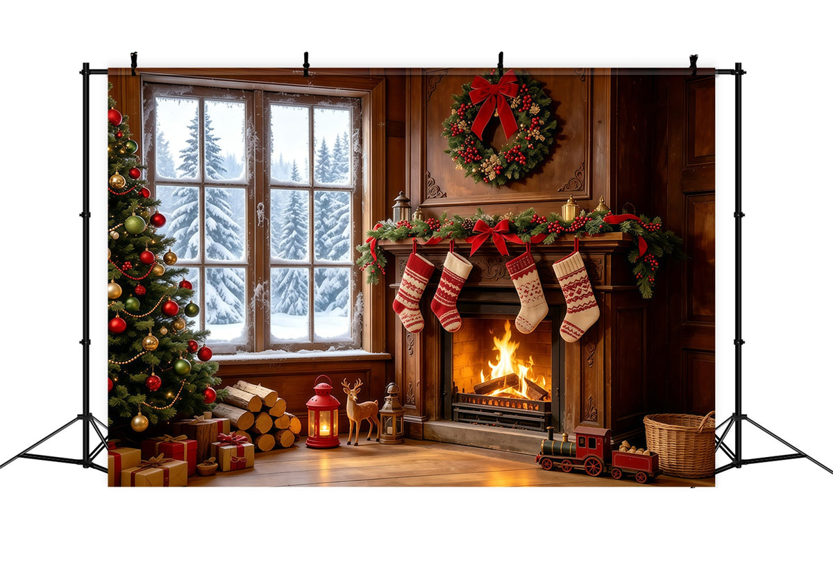 Christmas Themed Backdrops Cozy Fireplace Stockings Window Backdrops Christmas GQ68-128