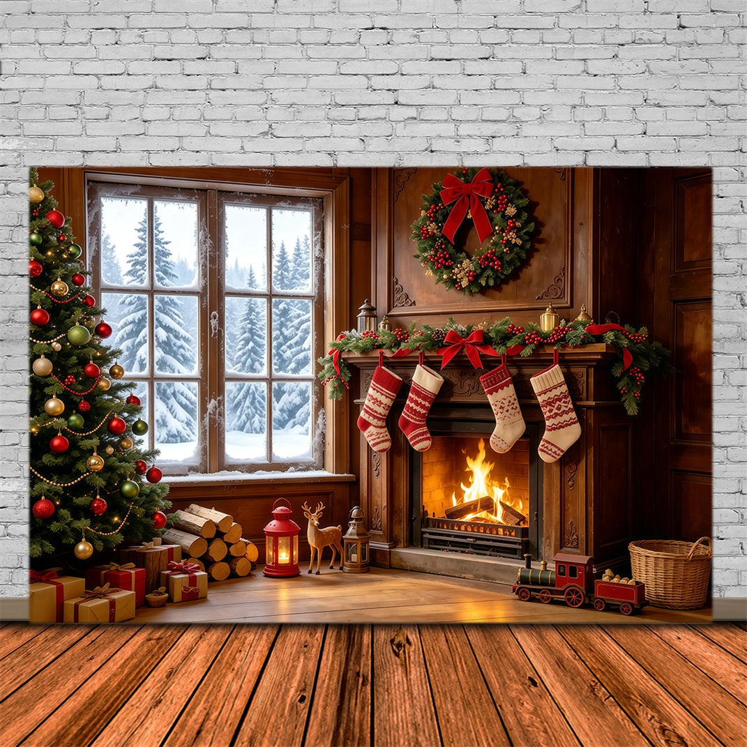 Christmas Themed Backdrops Cozy Fireplace Stockings Window Backdrops Christmas GQ68-128