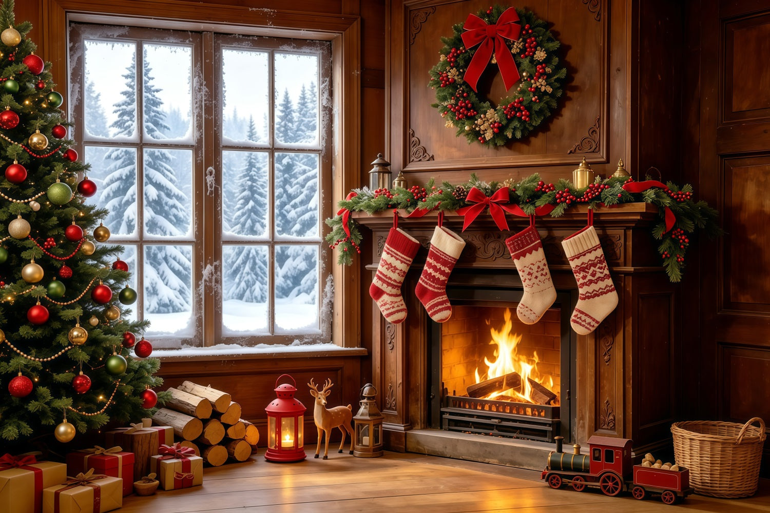 Christmas Themed Backdrops Cozy Fireplace Stockings Window Backdrops Christmas GQ68-128