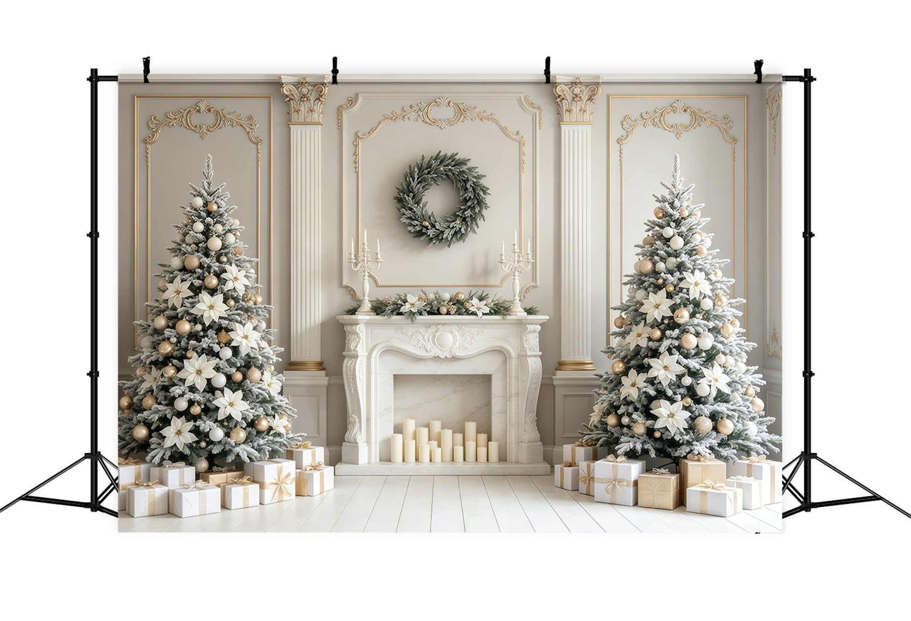 Christmas Fireplace Backdrop Elegant White Floral Mantel Photography Christmas Backdrop GQ68-129