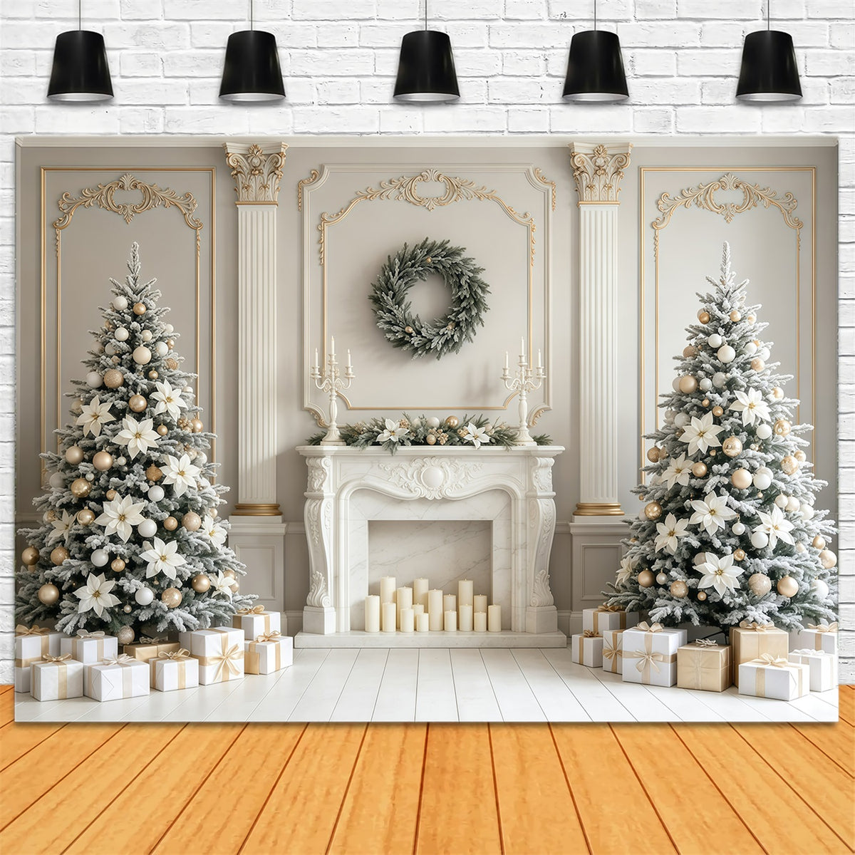 Christmas Fireplace Backdrop Elegant White Floral Mantel Photography Christmas Backdrop GQ68-129