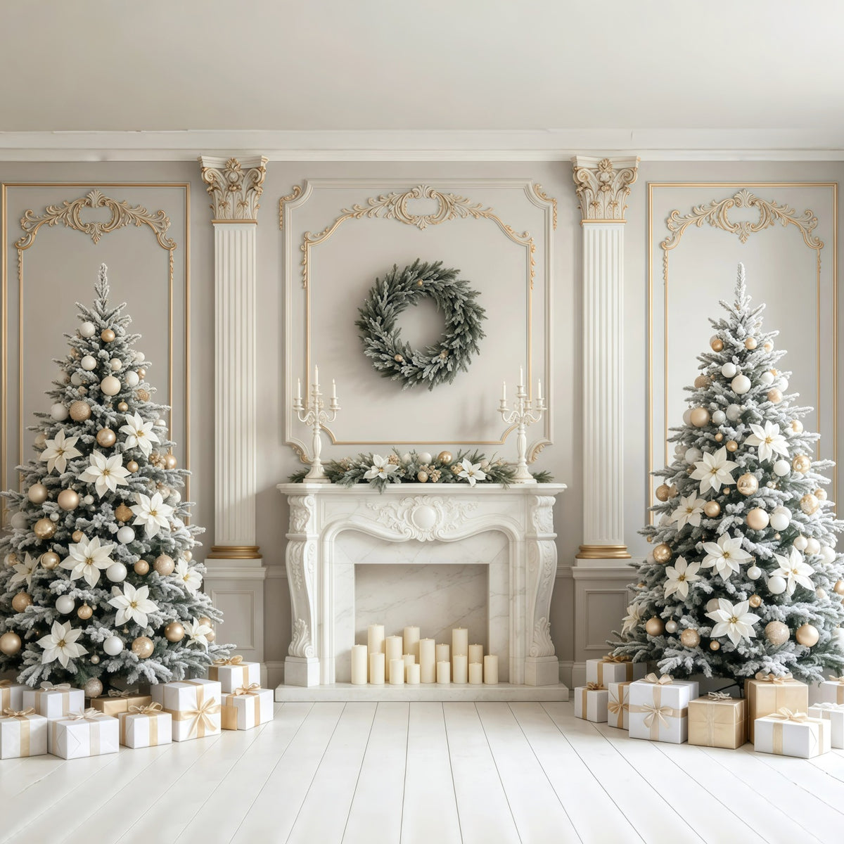 Christmas Fireplace Backdrop Elegant White Floral Mantel Photography Christmas Backdrop GQ68-129