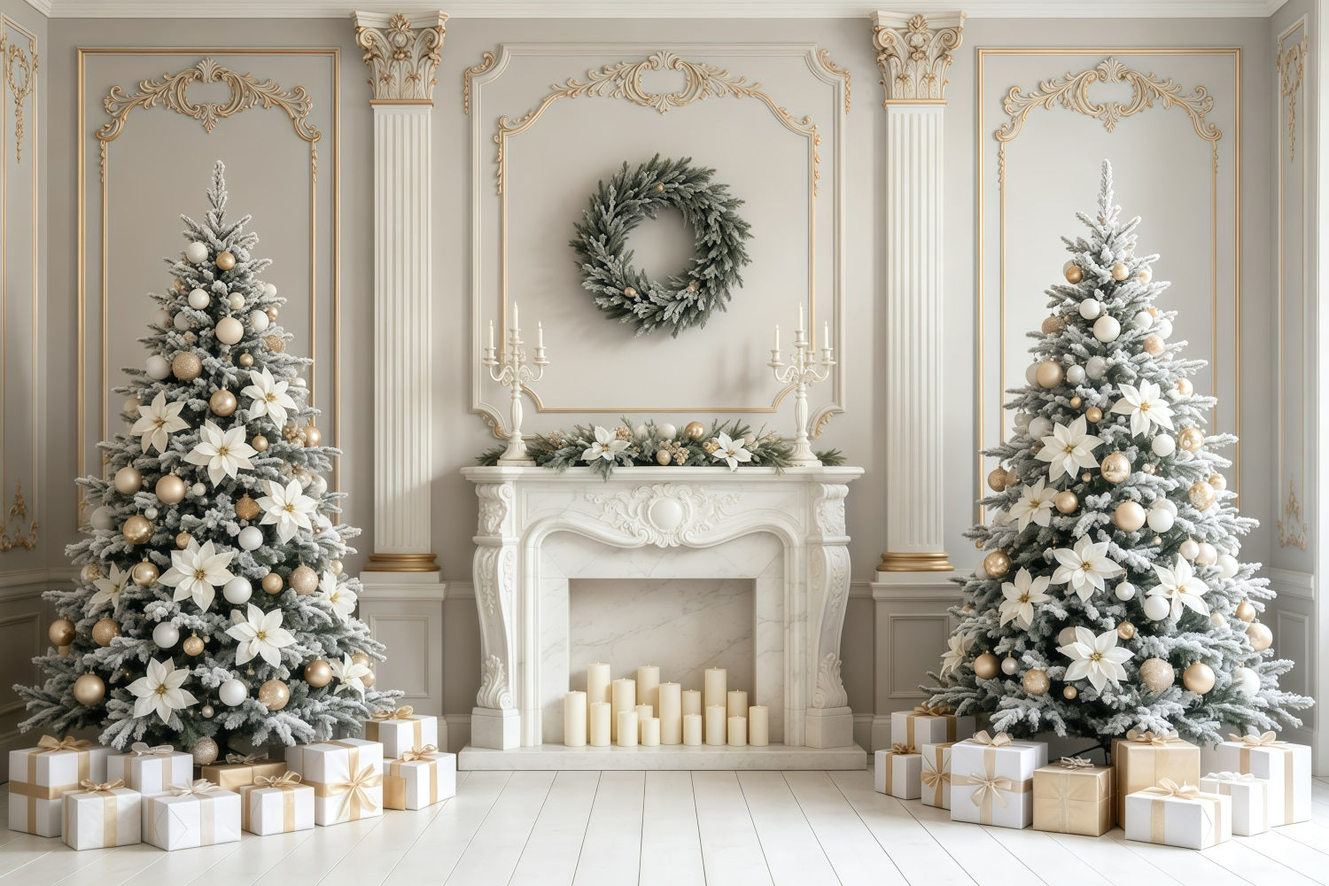 Christmas Fireplace Backdrop Elegant White Floral Mantel Photography Christmas Backdrop GQ68-129