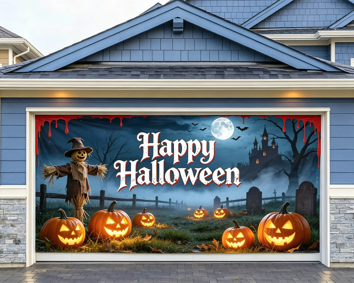 Scarecrow Halloween Garage Door Cover Moonlit Pumpkin Graveyard Halloween Party Garage Door Cover GQ68-13-2 car