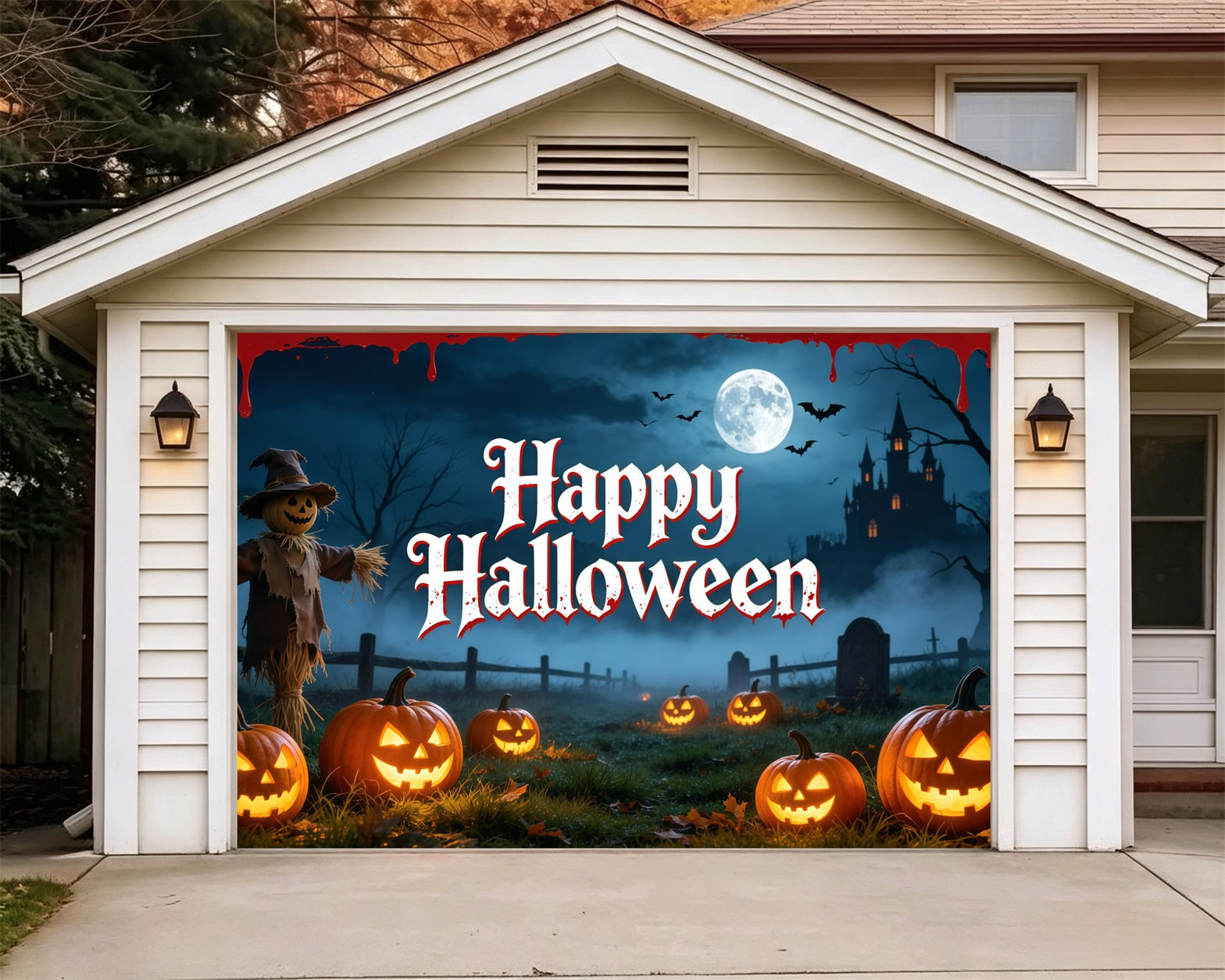 Scarecrow Halloween Garage Door Cover Moonlit Pumpkin Graveyard Halloween Party Garage Door Cover GQ68-13-1 car
