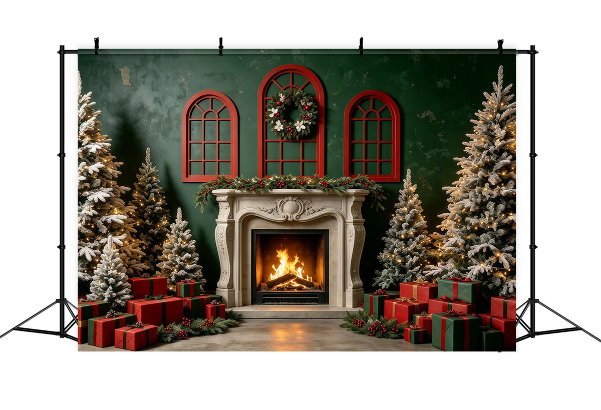 Christmas Scene Backdrop Green Wall Fireplace Gift Photo Backdrops Christmas GQ68-131