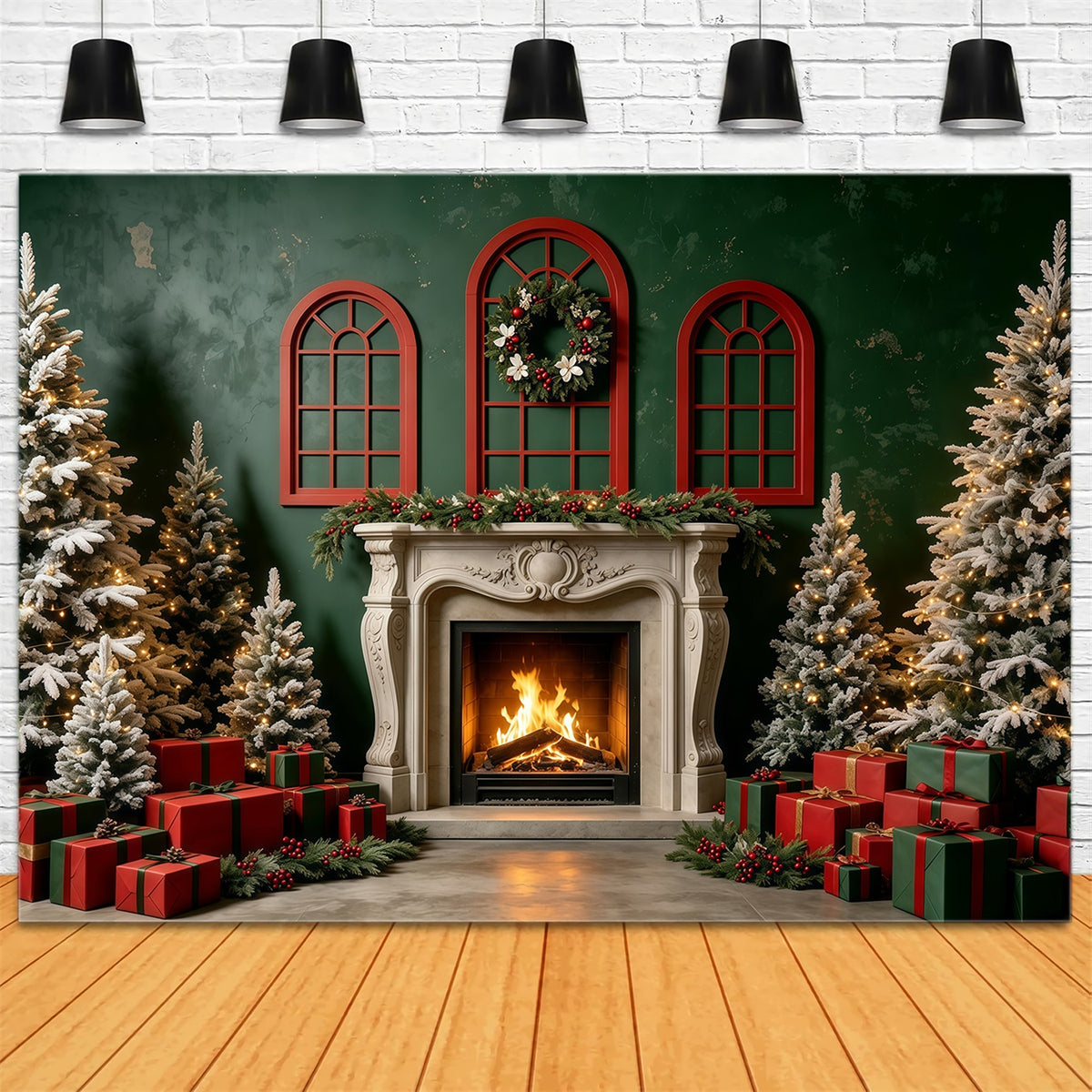 Christmas Scene Backdrop Green Wall Fireplace Gift Photo Backdrops Christmas GQ68-131