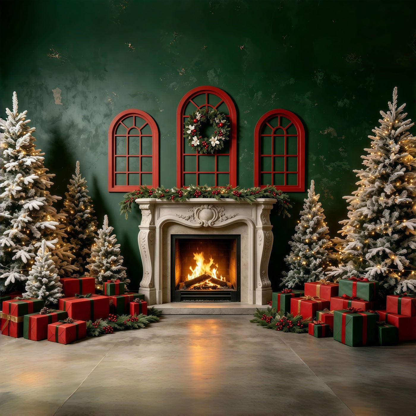 Christmas Scene Backdrop Green Wall Fireplace Gift Photo Backdrops Christmas GQ68-131