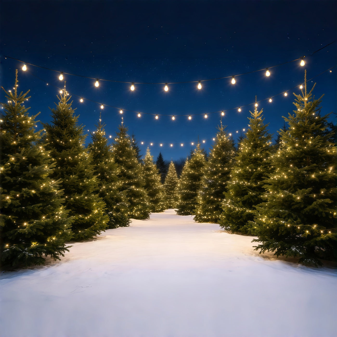 Christmas Tree Farm Backdrop Snowy Pine Light Path Christmas Backdrops GQ68-132