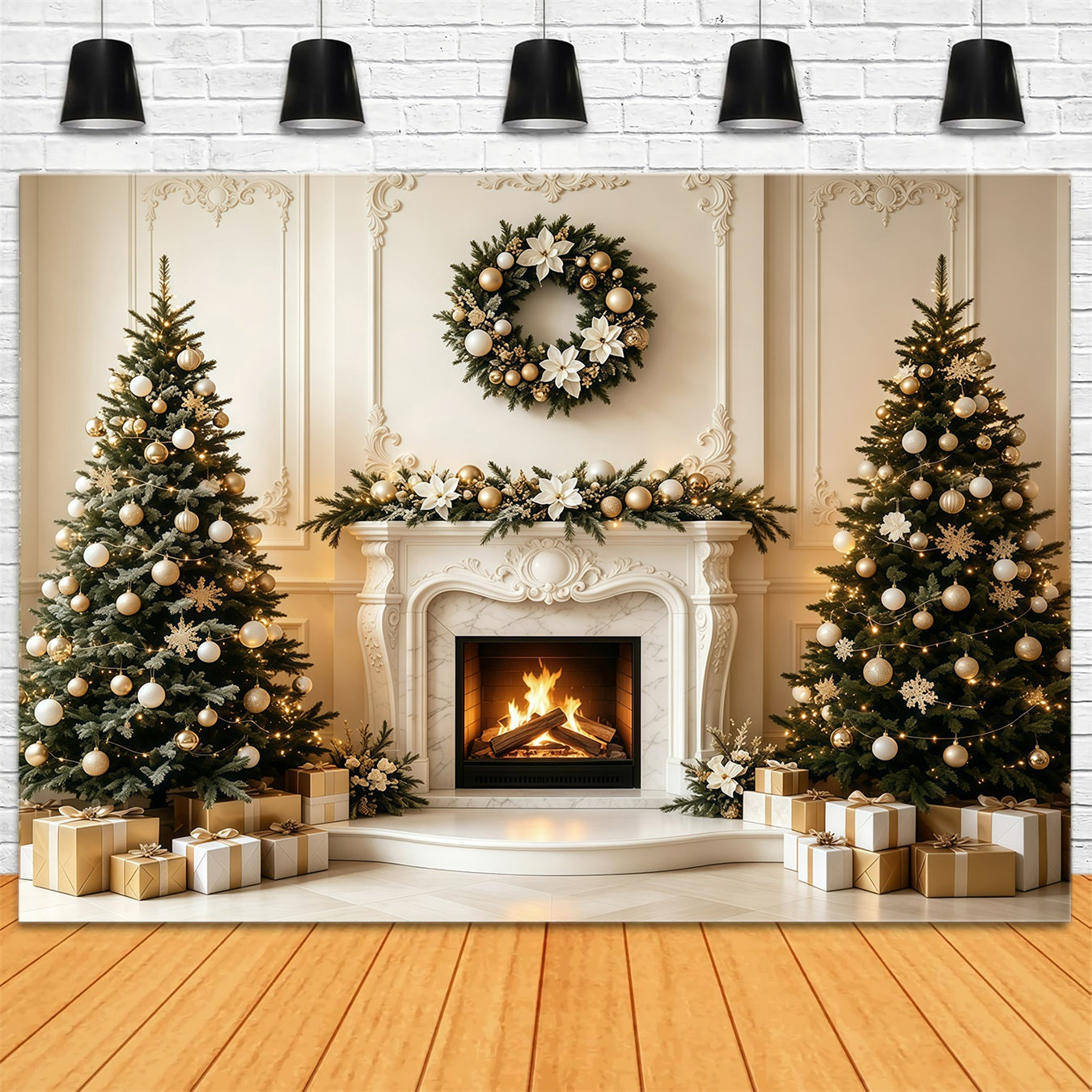 Christmas Living Room Backdrop Elegant Mantel Fireplace Photography Backdrop Christmas GQ68-134