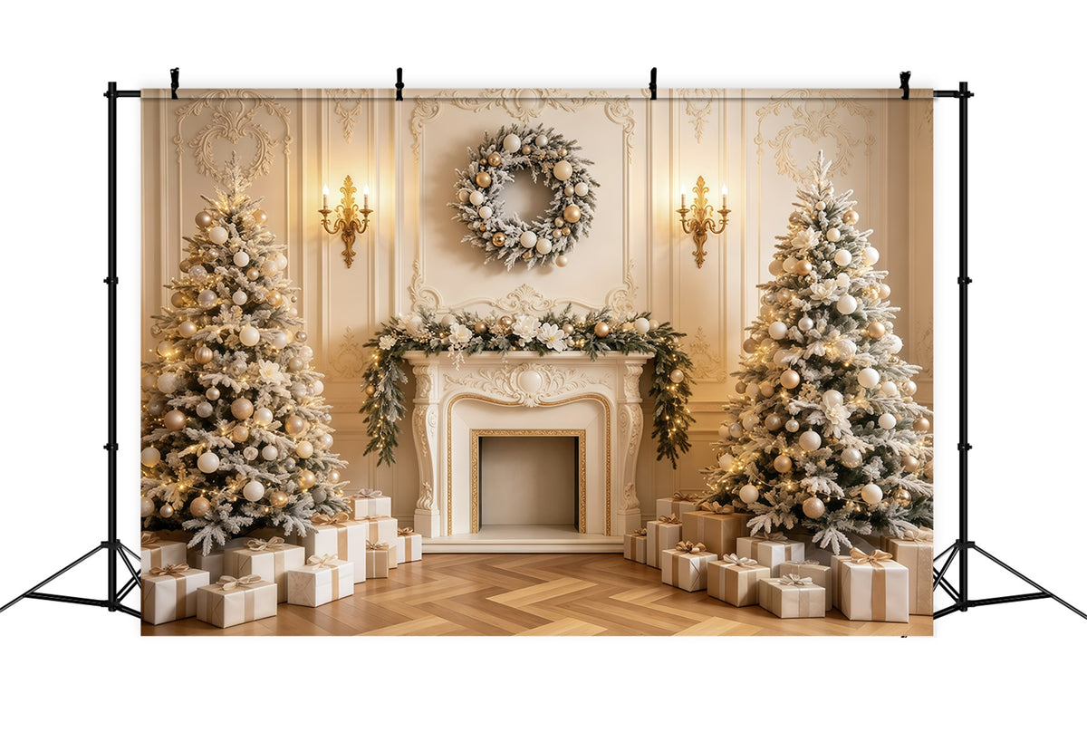Fireplace Backdrop Christmas Cozy Golden Mantel Decor Indoor Christmas Backdrop GQ68-135