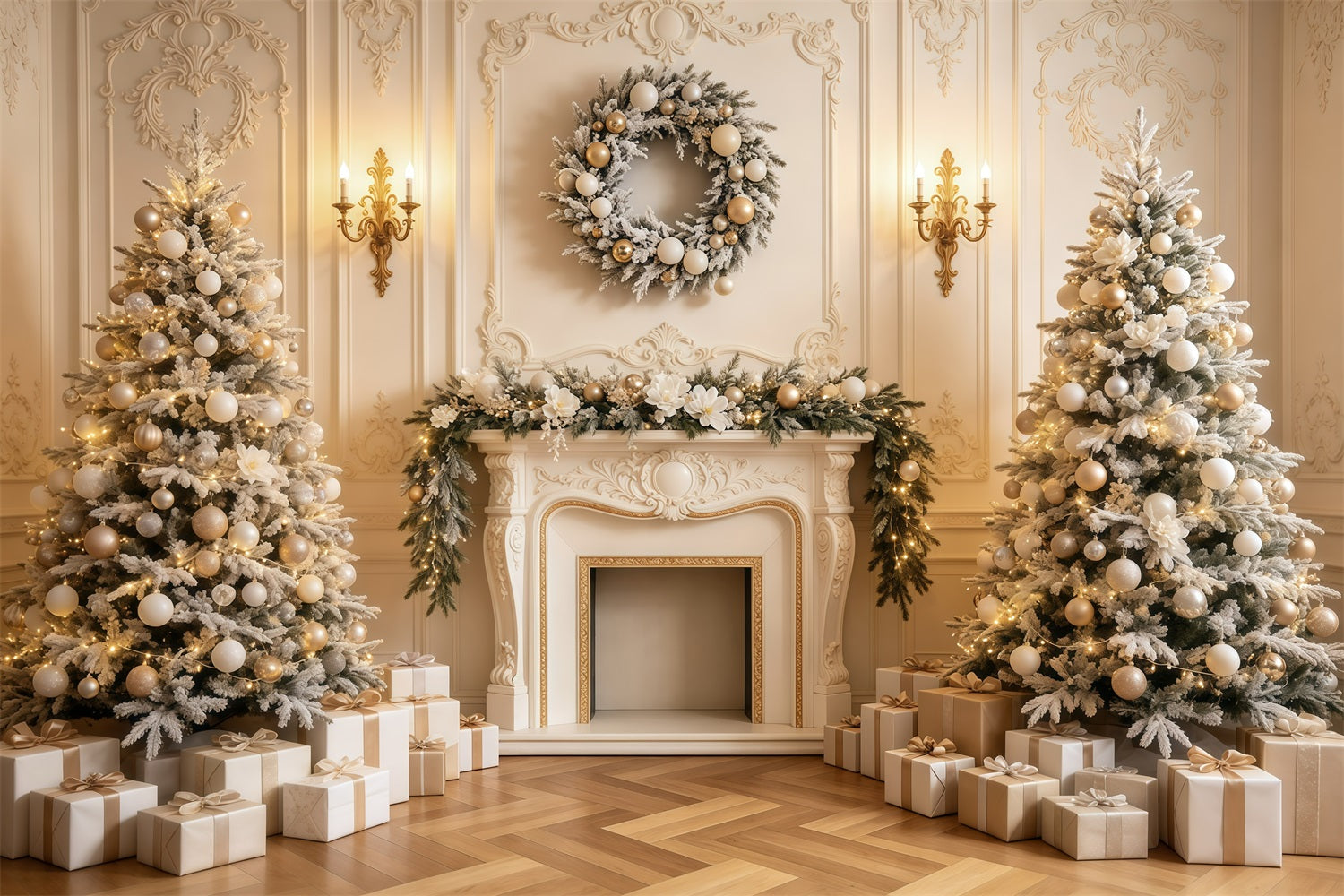 Fireplace Backdrop Christmas Cozy Golden Mantel Decor Indoor Christmas Backdrop GQ68-135