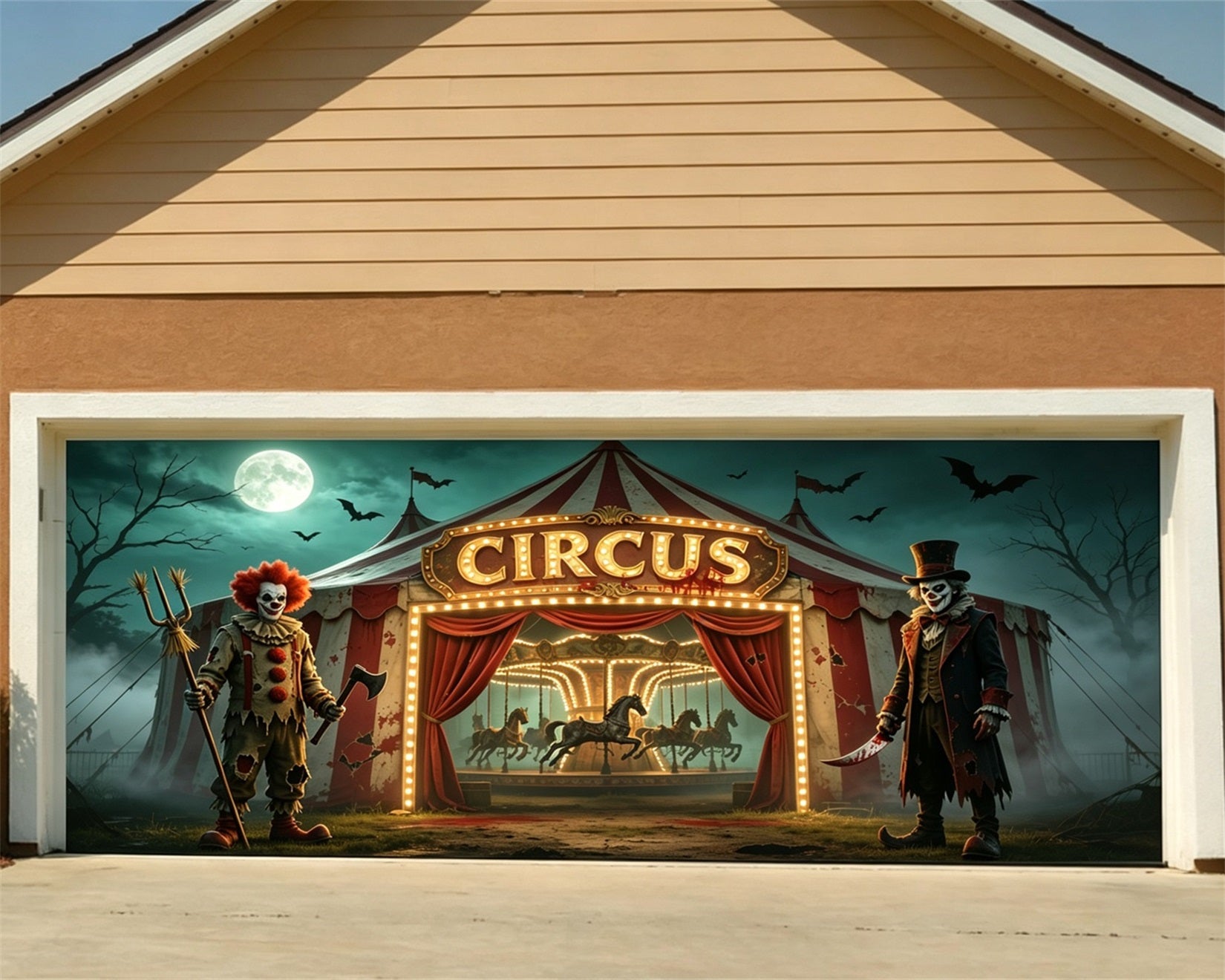 Clown Halloween Garage Door Cover Creepy Circus Carousel Halloween Porch Garage Door Decor GQ68-14-2 car