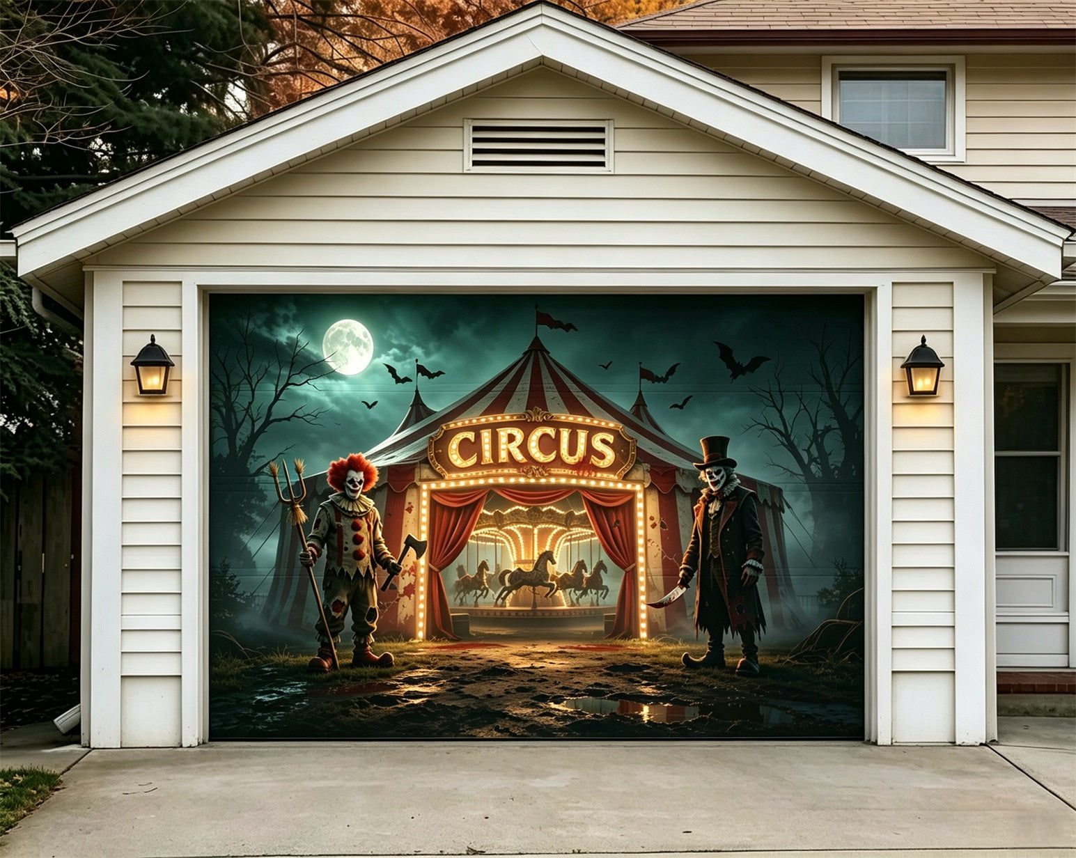 Clown Halloween Garage Door Cover Creepy Circus Carousel Halloween Porch Garage Door Decor GQ68-14-1 car
