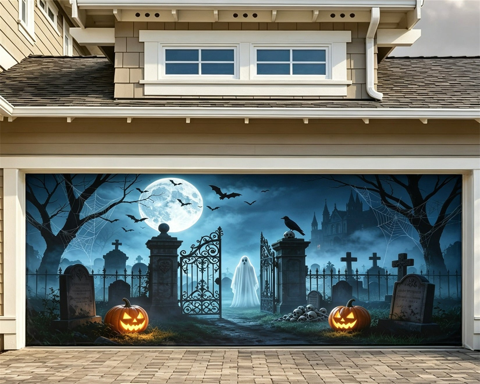Moonlight Halloween Garage Door Cover Moonlit Ghost Cemetery Gate Halloween Home Exterior Decorations GQ68-15-2 car