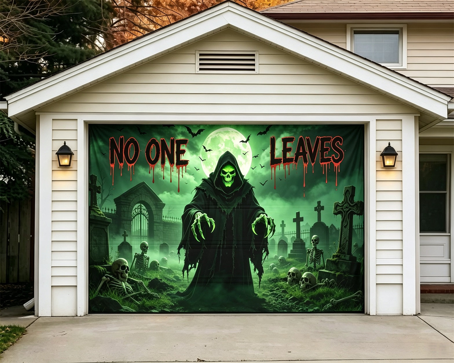 Scary Halloween Garage Door Cover Green Reaper Graveyard Warning Halloween Haunted House Garage Decor GQ68-17-1 car