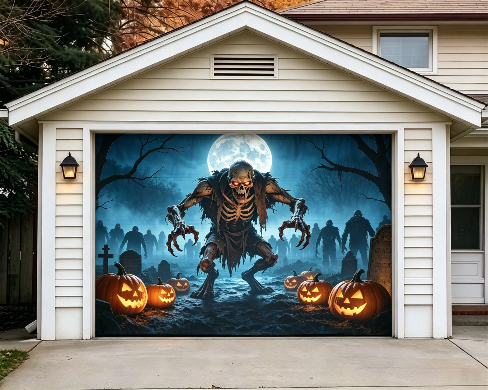 Zombie Halloween Garage Door Decor Moonlit Ghoul Pumpkin Graveyard Halloween Garage Door Cover GQ68-20-1 car