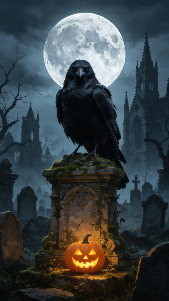 Crow Cemetery Door Moonlit Raven Tombstone Large Halloween Door Cover GQ68-22