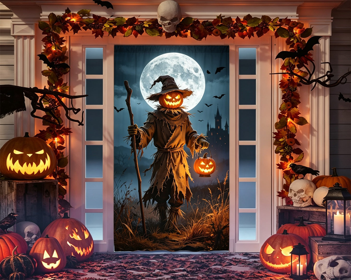 Pumpkin Scarecrow Door Moonlit Lantern Scarecrow Halloween Home Door Decor GQ68-29