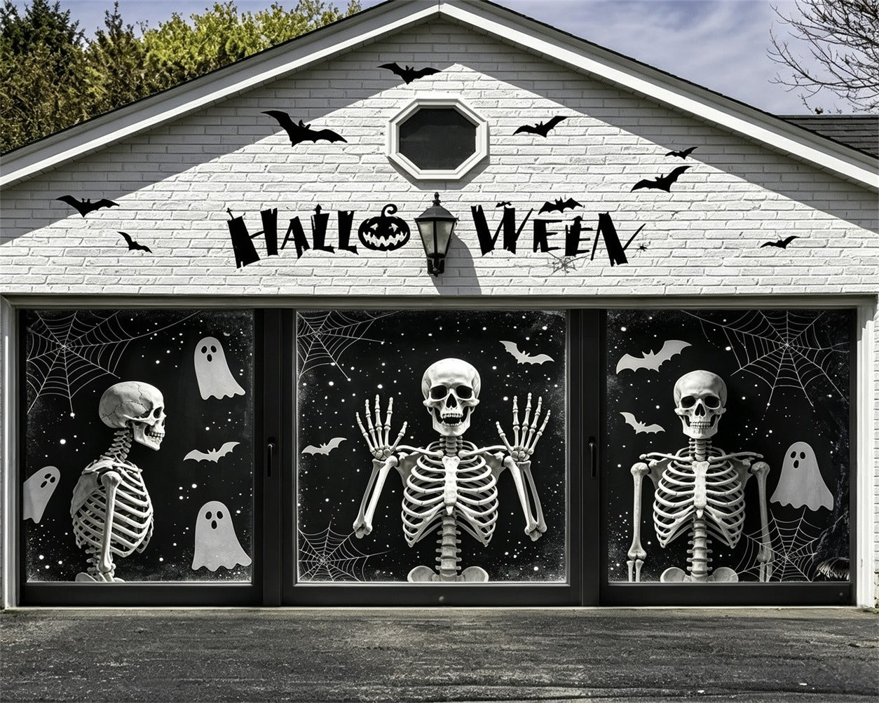 Skeleton Halloween Garage Door Cover Skeleton Ghost Cobweb Window Full Size Halloween Garage Door Cover GQ68-3-2 car