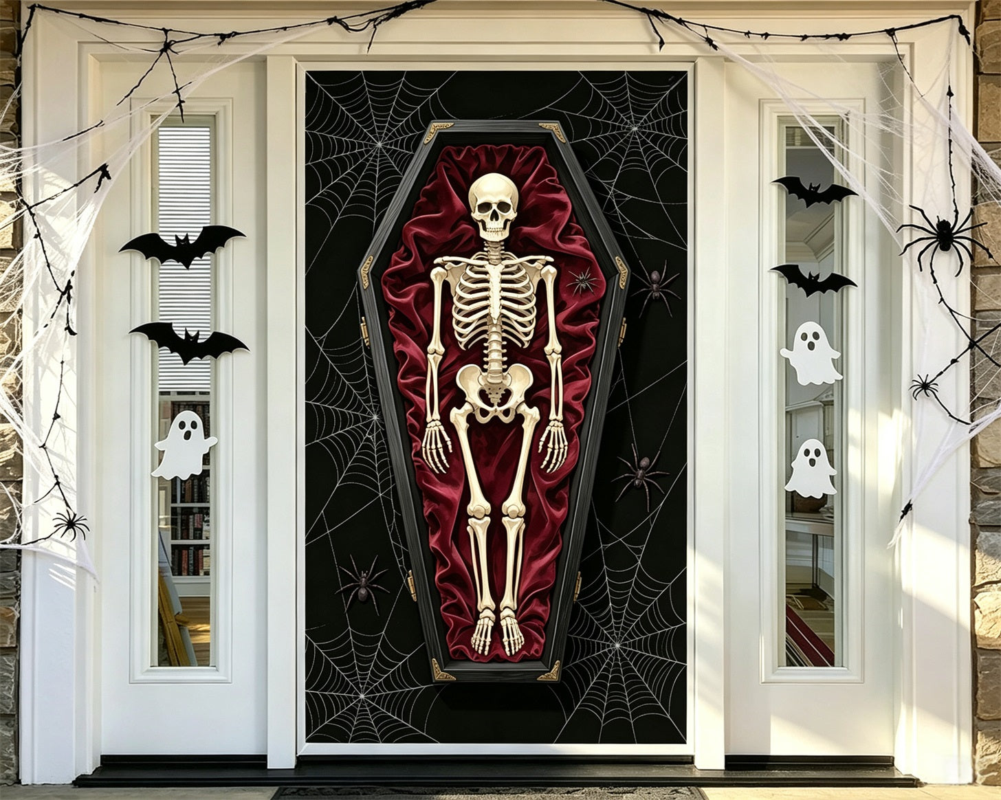 Coffin Entrance Door Skeleton Velvet Spider Web Creepy Door Decoration GQ68-31
