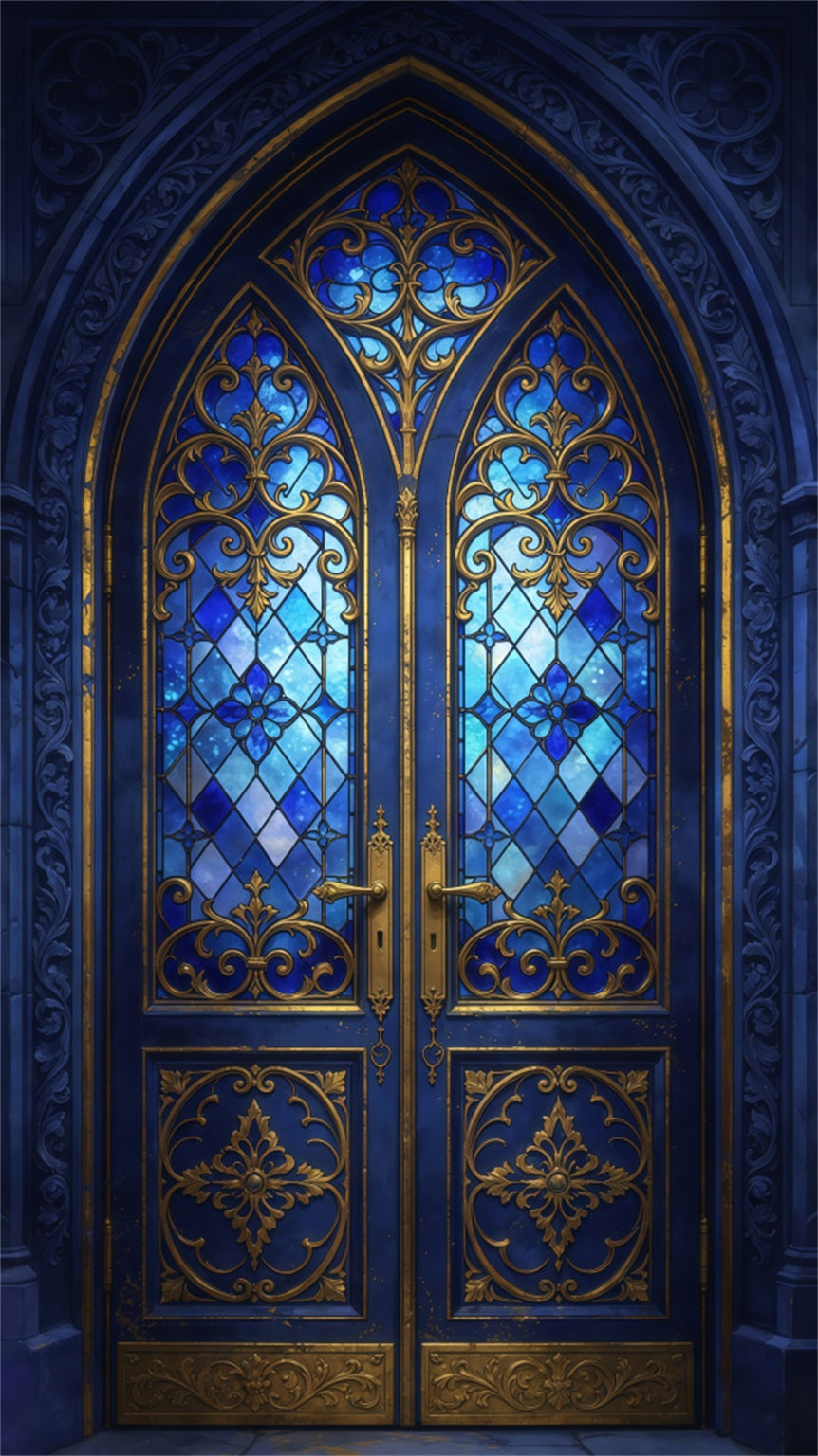 Gothic Cathedral Door Stained Glass Blue Door Gothic Door Banner GQ68-33