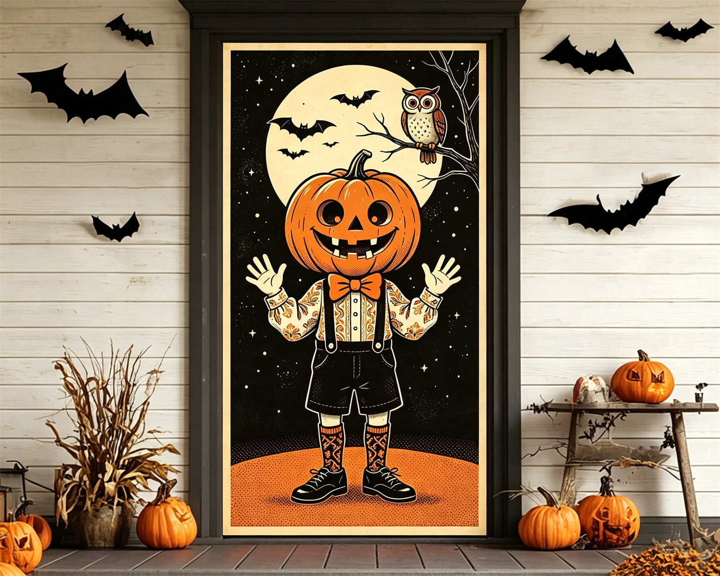 Vintage Halloween Door Pumpkin Owl Illustration Fabric Halloween Door Banner GQ68-38