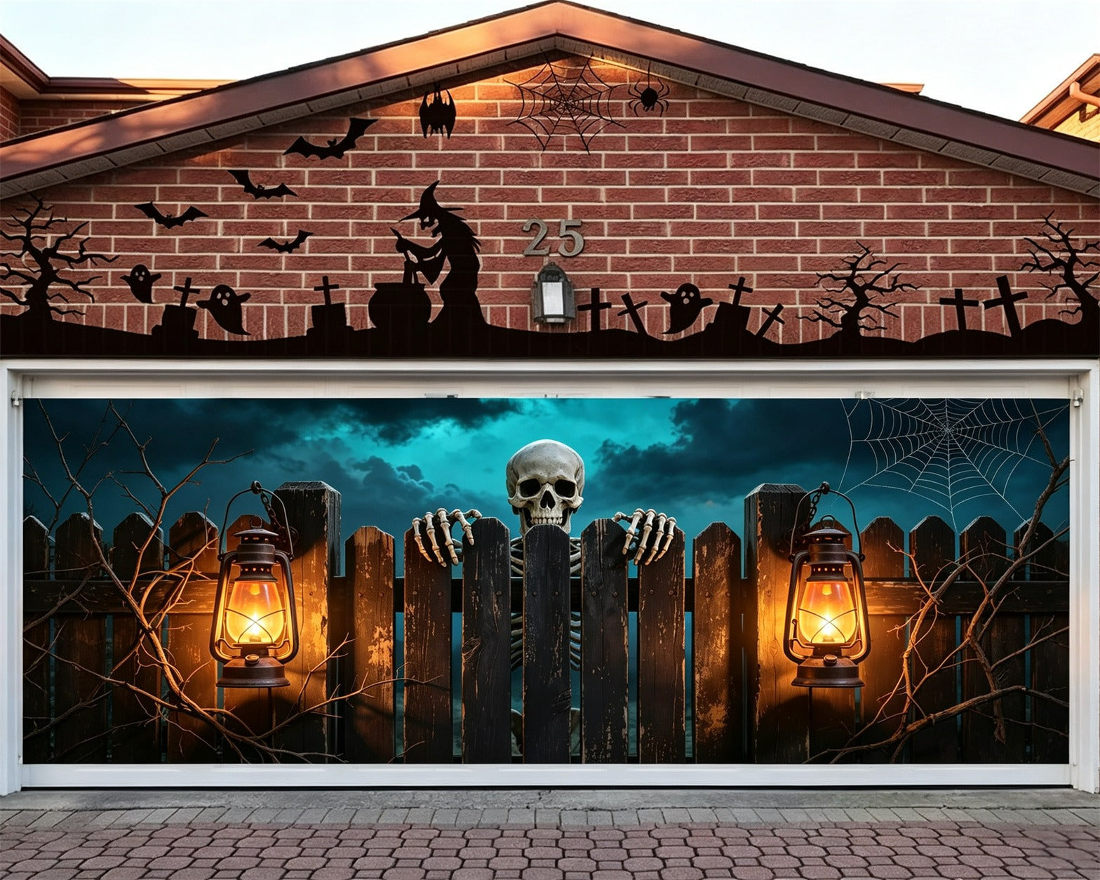 Skull Halloween Garage Door Decor Skeleton Fence Lantern Glow Double Garage Door Halloween Cover GQ68-4-2 car
