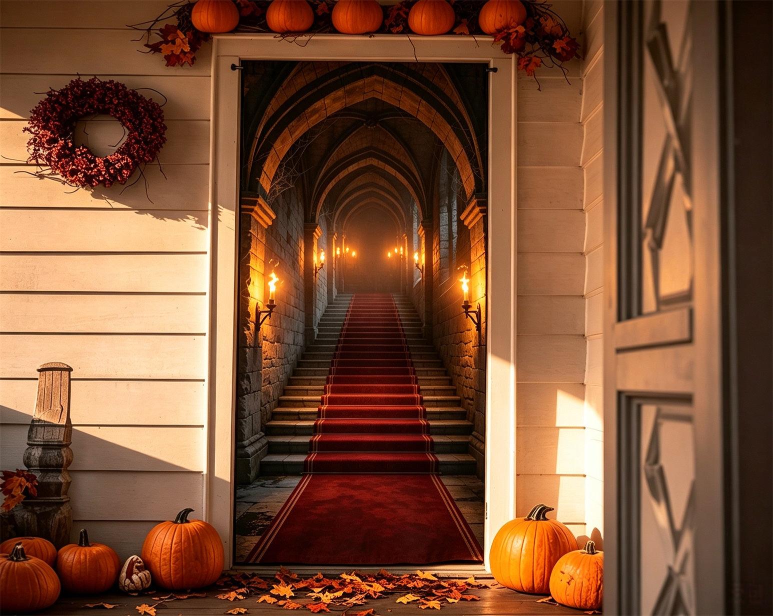 Gothic Castle Door Church Torch Stairway Halloween Door Banner GQ68-41