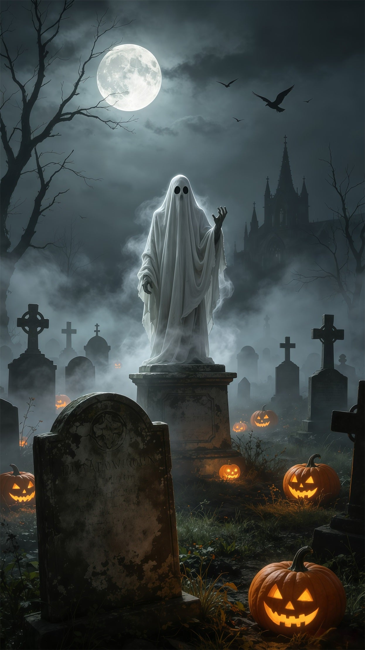 Creepy Graveyard Door Moonlit Ghost Cemetery Halloween Door Decoration GQ68-42