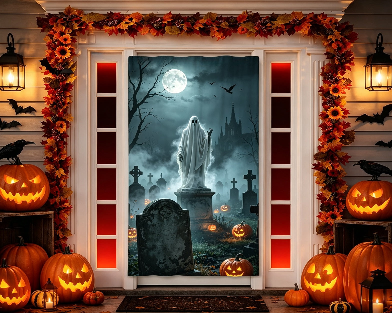 Creepy Graveyard Door Moonlit Ghost Cemetery Halloween Door Decoration GQ68-42