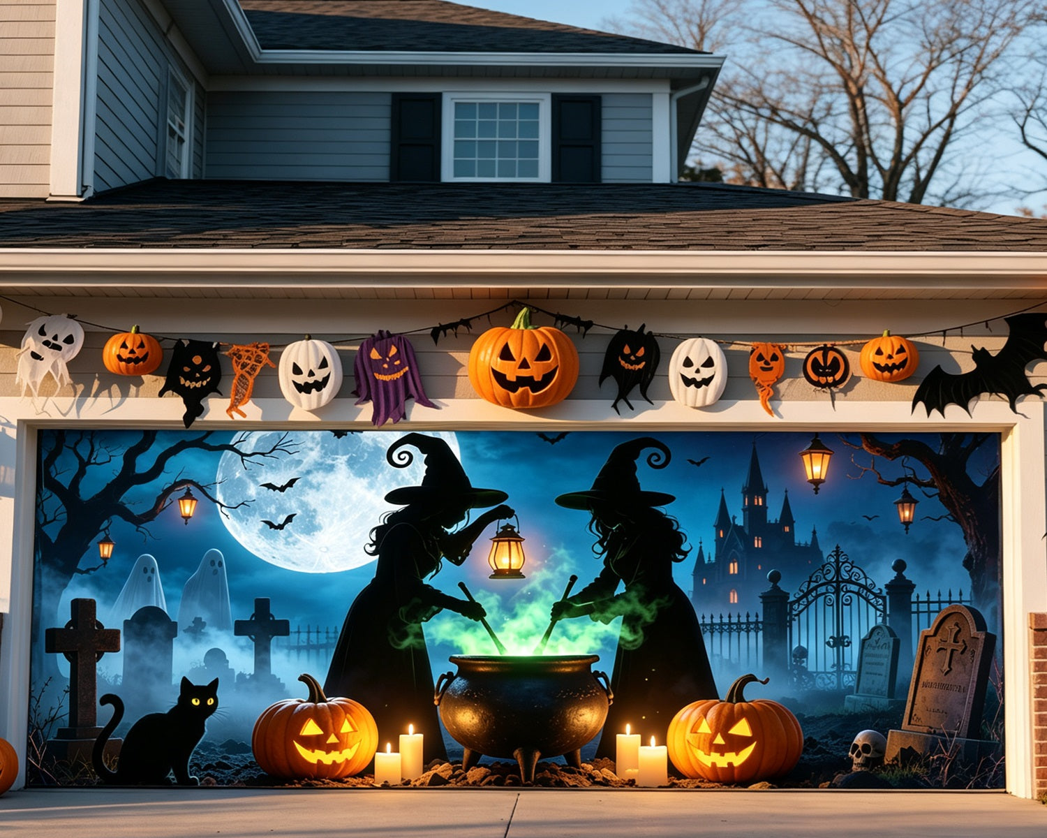 Witch Halloween Garage Door Cover Moonlit Cauldron Graveyard Two Car Garage Door Halloween Cover GQ68-5-2 car